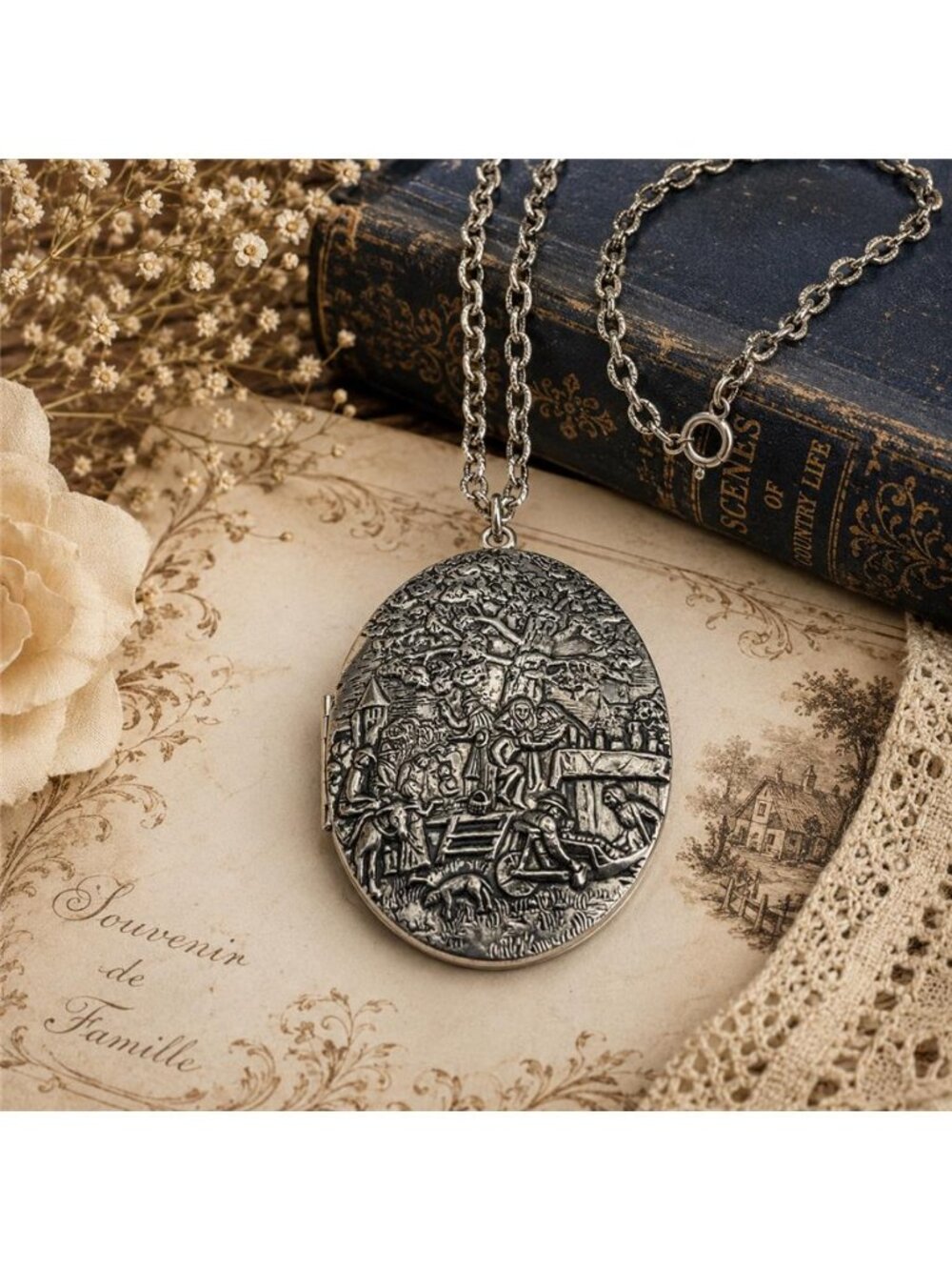 Vintage Pastoral Village Scene Photo Locket Necklace Silver Tone 24 in